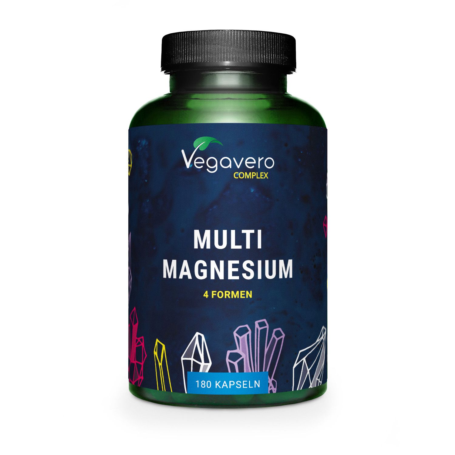 Grüne Flasche mit schwarzem Deckel. Aufschrift: Vegavaro COMPLEX, Multi Magnesium, 4 Formen, 180 Kapseln.