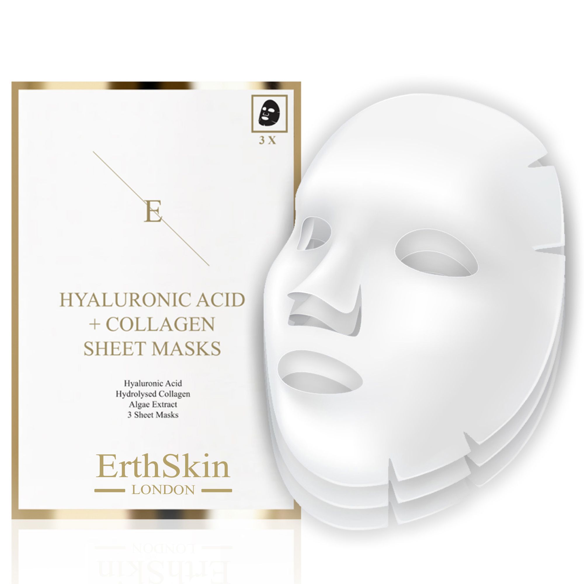Weiße Gesichtsmasken und Verpackung. Aufschrift: ErthSkin London, Hyaluronsäure + Kollagen Sheet Masks, 3 Stück.