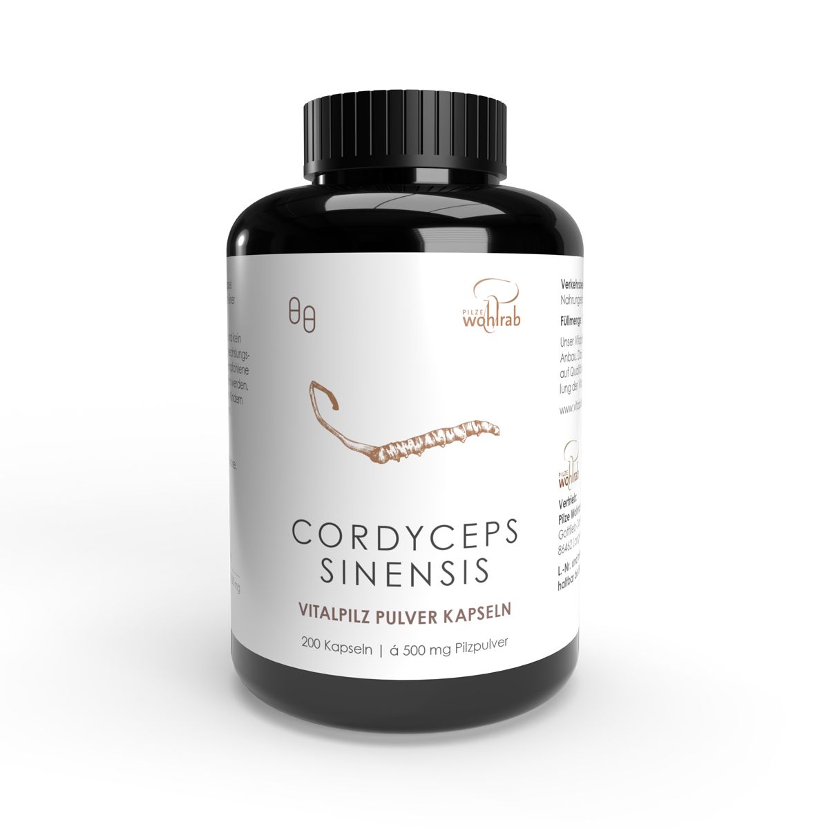 Braune Flasche mit schwarzen Deckel. Aufschrift: Cordyceps Sinensis, Vitalpilz Pulver Kapseln.