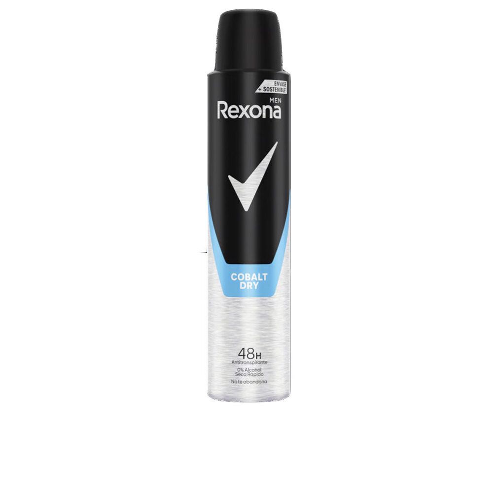Deodorant-Spray von Rexona. Schwarze Kappe, blauer und weißer Schriftzug. Produktname: Cobalt Dry. 48h Schutz.