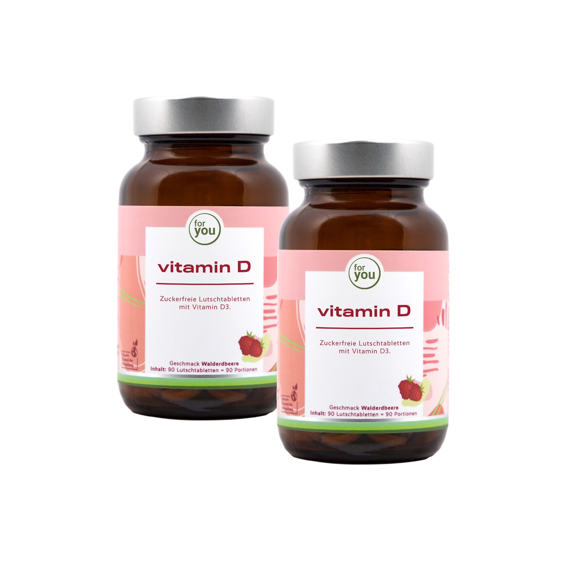 Zwei Flaschen mit Etikett: Vitamin D. Aufschrift: Doppelpack. Geschmack Waldbeere.