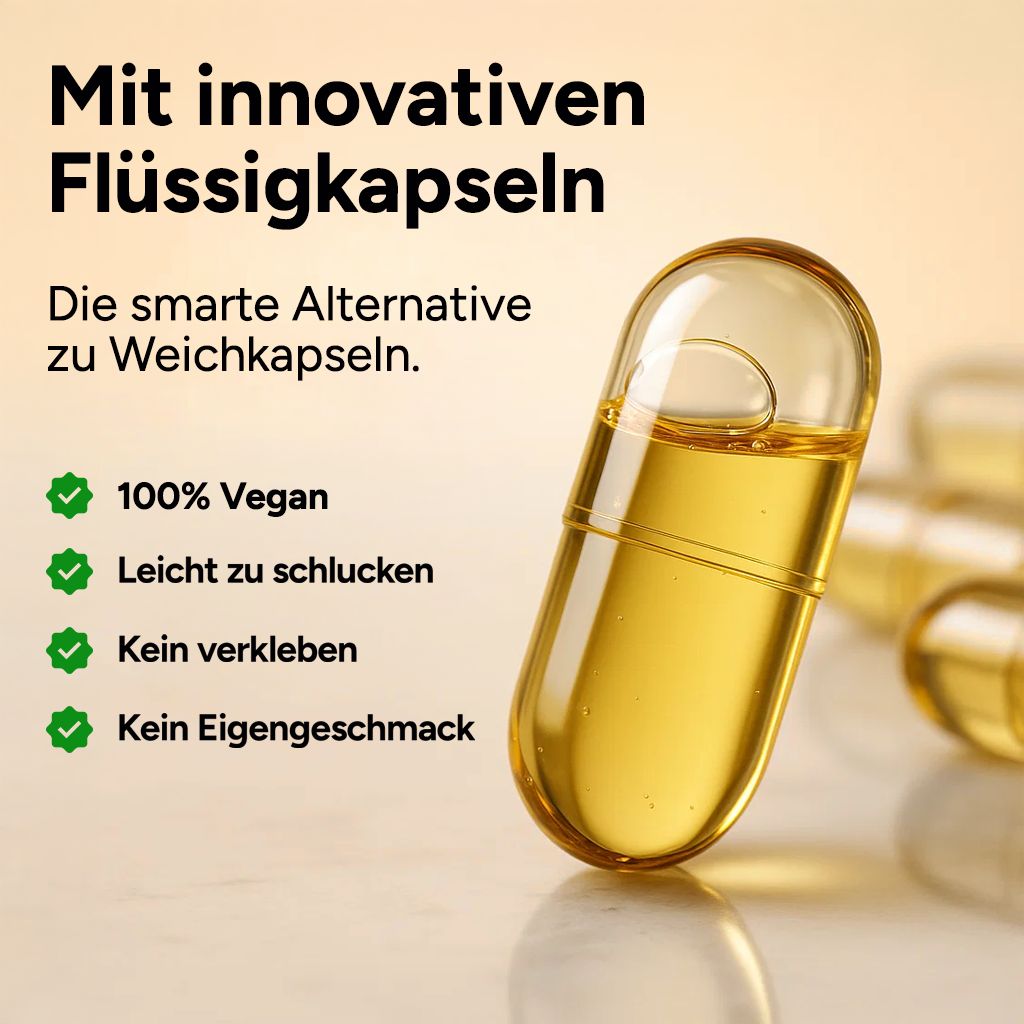 Transparente Flüssigkapsel. 100% vegan, leicht zu schlucken, kein Verkleben, kein Eigengeschmack.