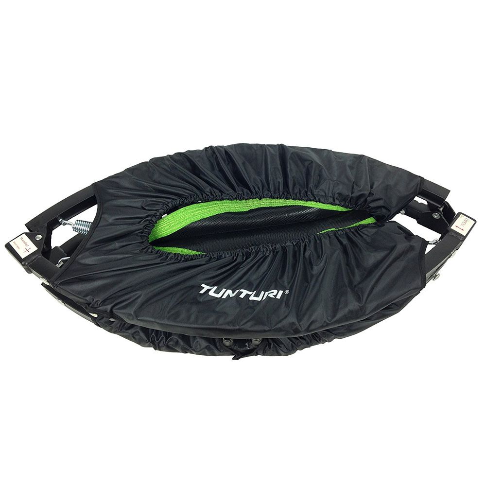 Geklapptes Fitness Trampolin, Tunturi Logo sichtbar, schwarzer Bezug, grüne Kante.