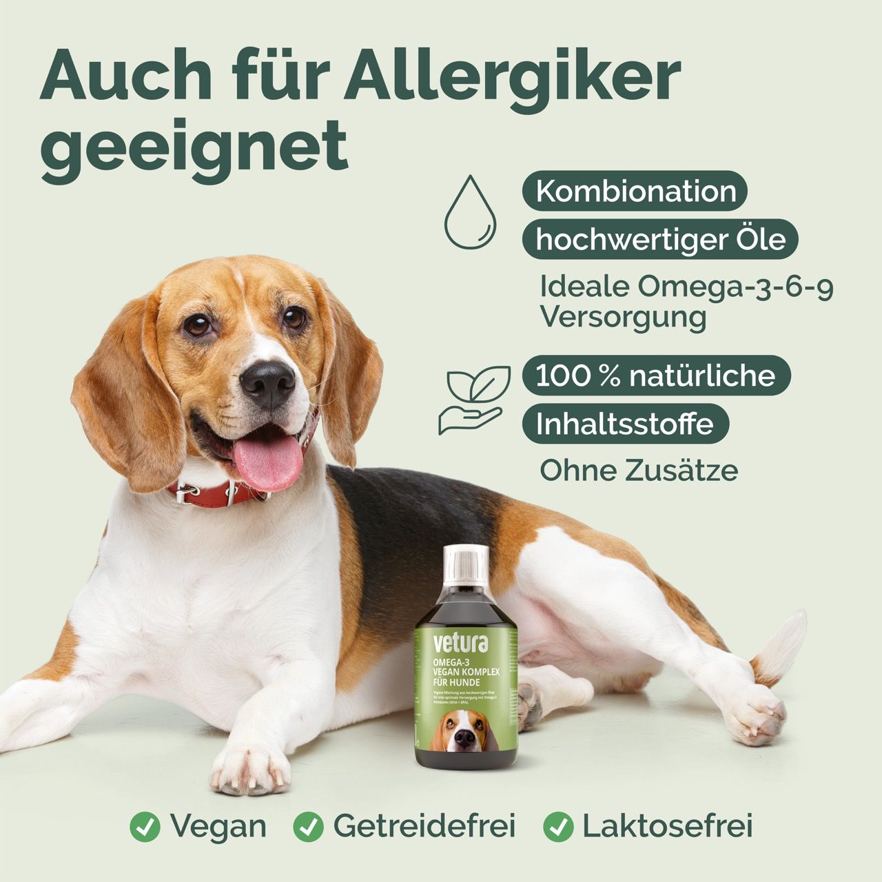 Hund mit Flasche. Aufschrift: Vetura Omega-3 Vegan Komplex für Hunde. Vegan, getreidefrei, laktosefrei. Kombination hochwertiger Öle. 100% natürliche Inhaltsstoffe.