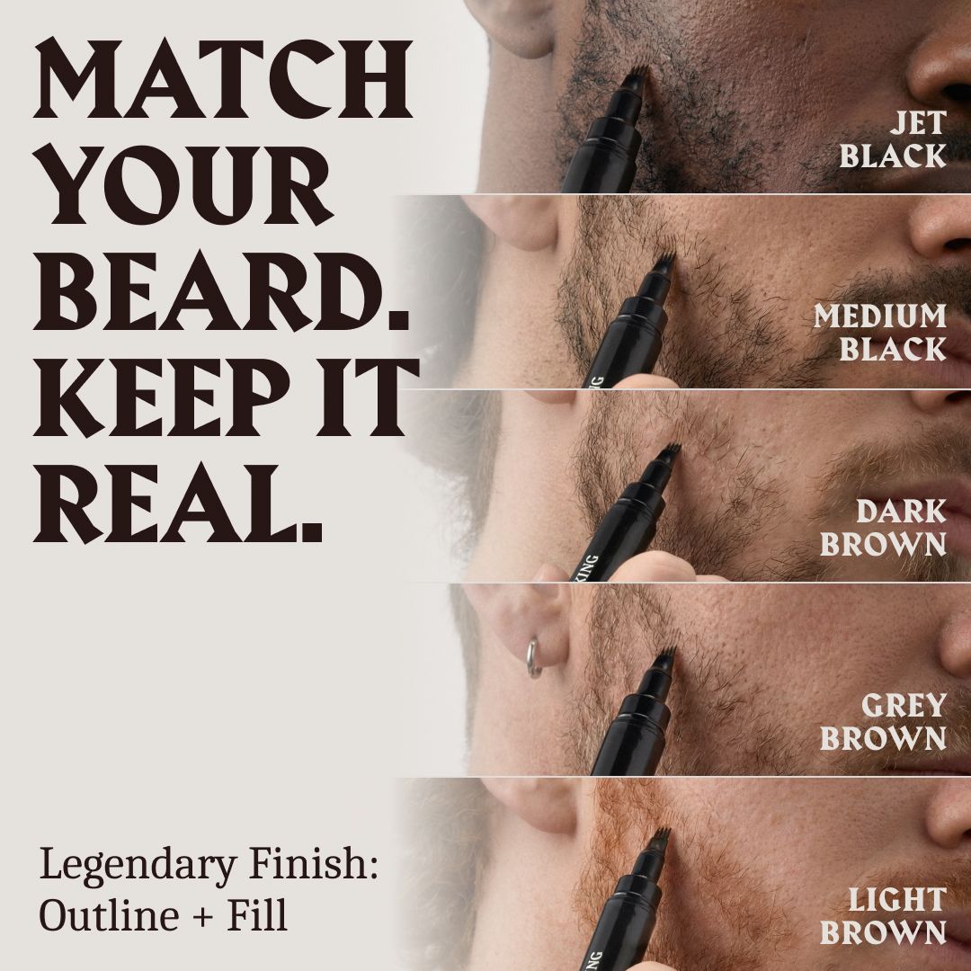 Anwendung von Bartfüllern in verschiedenen Farben auf Bärten. Text: "Match Your Beard. Keep It Real."