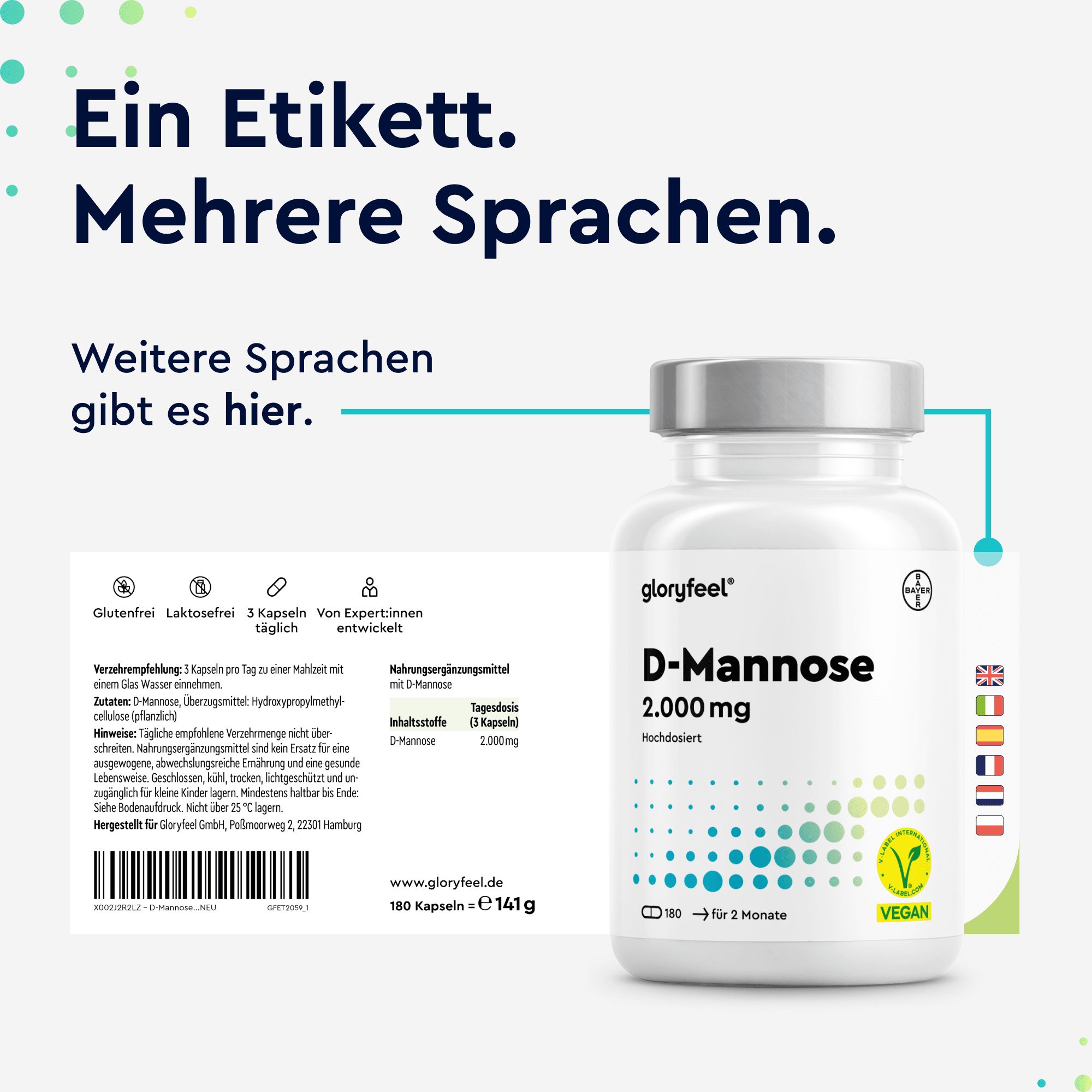 Weißes Pillenglas mit Etikett. Text: Ein Etikett. Mehrere Sprachen. Weitere Sprachen gibt es hier.