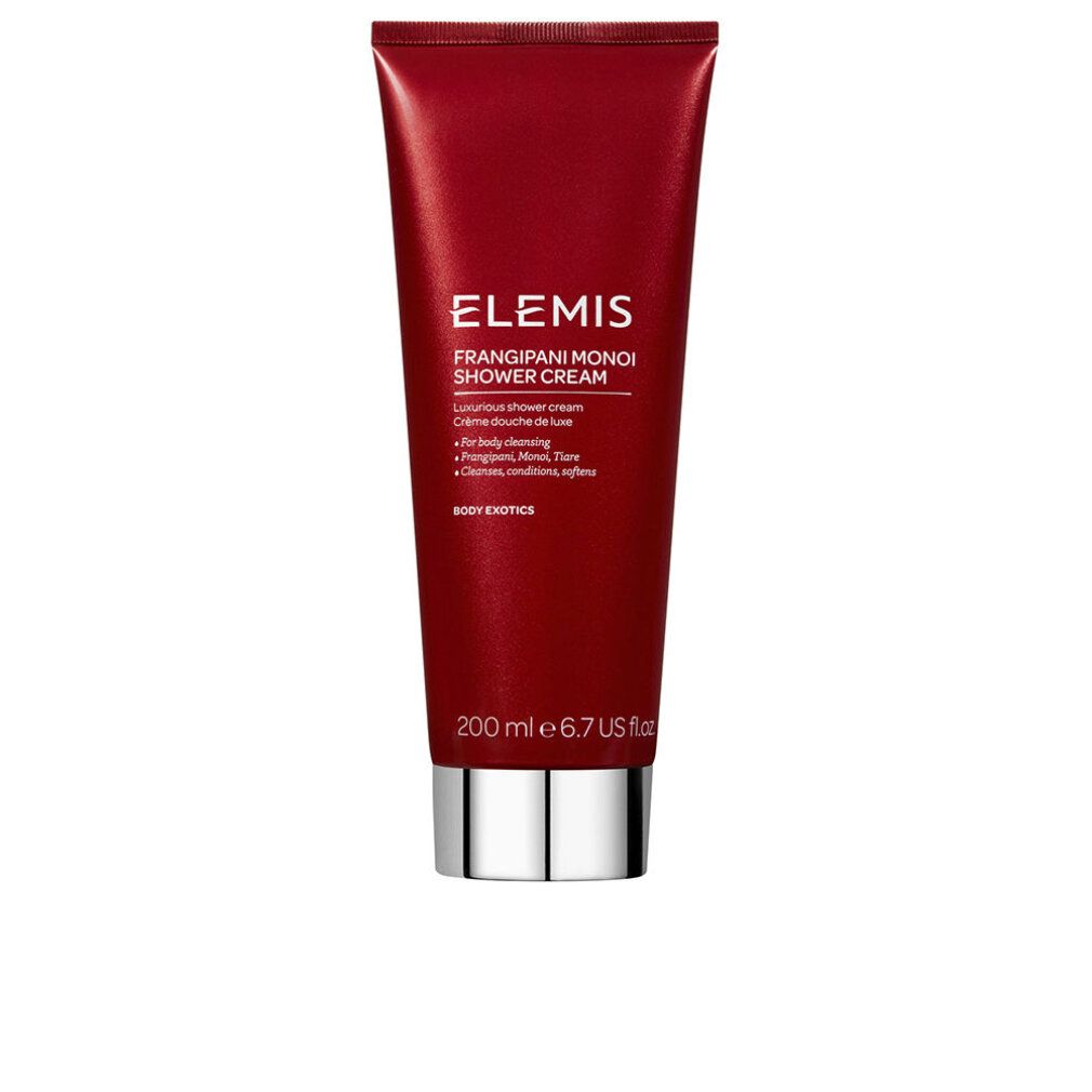 Rote Tube mit silbernem Deckel. Aufschrift: Elemis Frangipani Monoi Shower Cream. Text darunter.