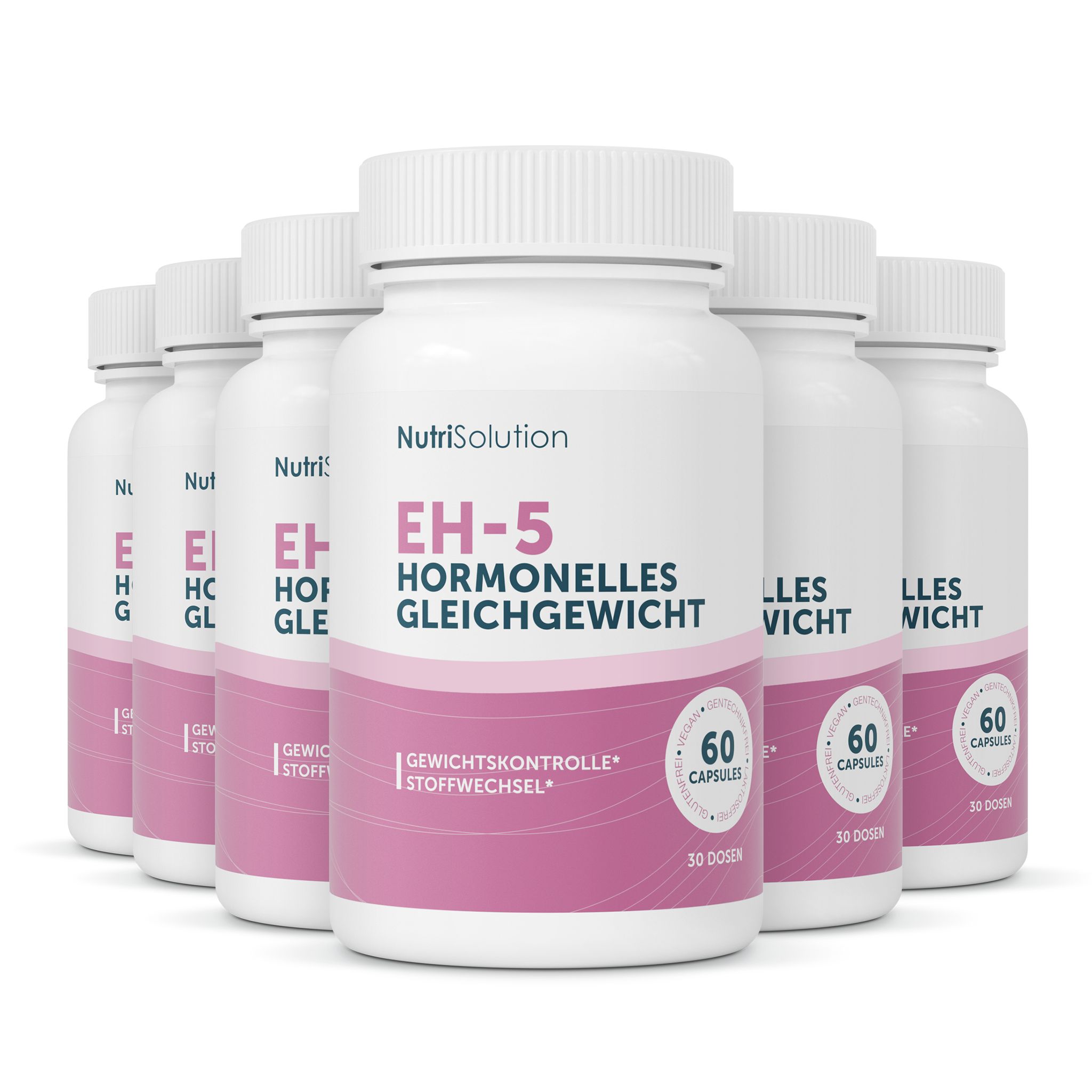 Sechs Flaschen NutriSolution EH-5 Hormonelles Gleichgewicht, 60 Kapseln pro Flasche.