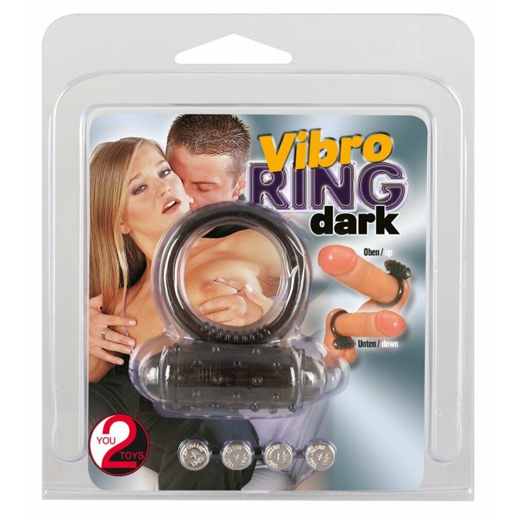Verpackung mit Penisring. Aufdruck: Vibro Ring dark. Abbildung von Produkt und Paar.