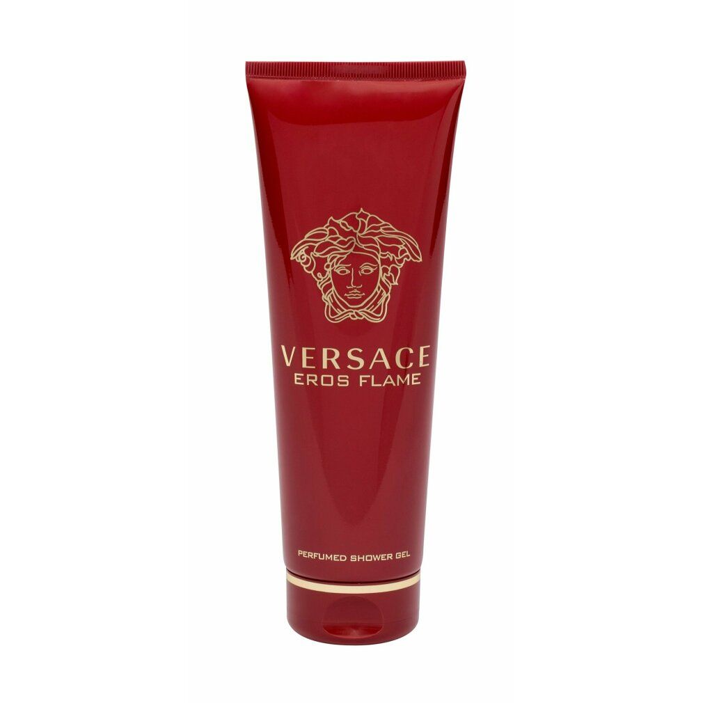 Rote Tube mit goldfarbenem Logo und Schriftzug Versace Eros Flame. Duschgel.