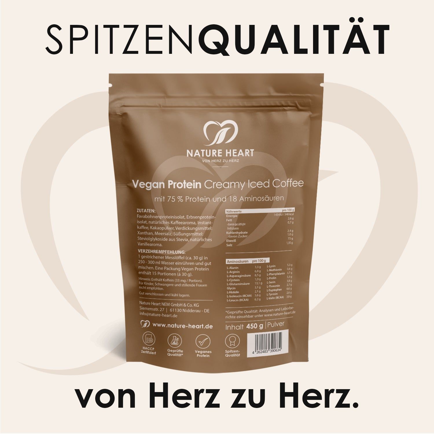 Rückseite des Nature Heart Creamy Protein Iced Coffee Beutels mit Nährwertangaben.