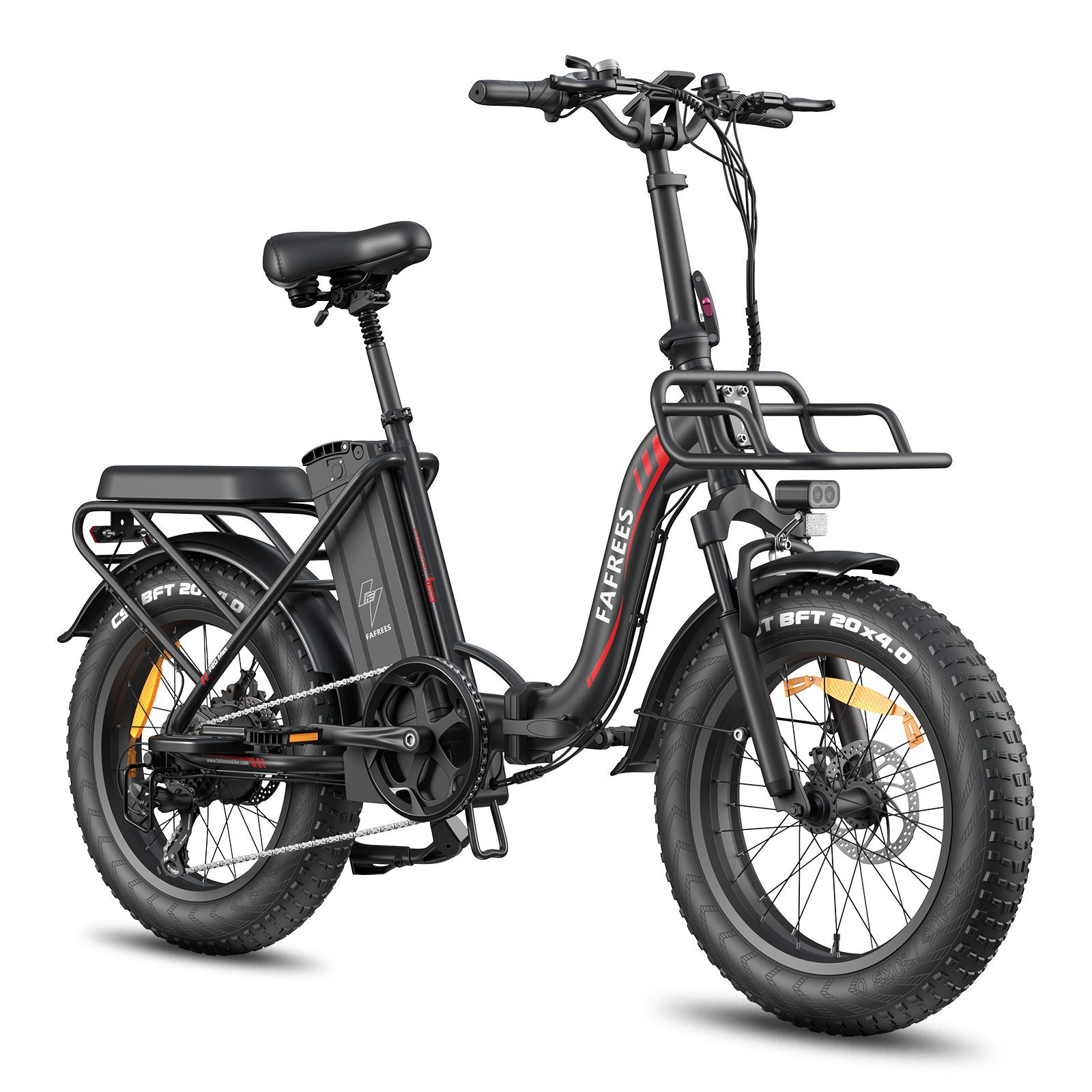 Schwarzes Falt-E-Bike mit breiten Reifen, Gepäckträger und Korb. Marke FAFREES.