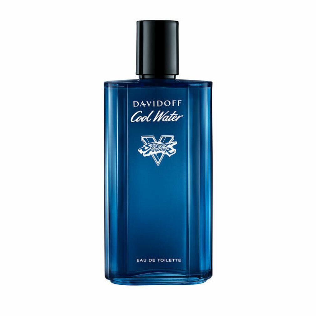 Flacone di profumo blu con tappo nero. Scritta: Davidoff Cool Water, logo Street Fighter. Eau de Toilette.