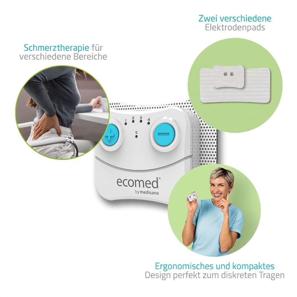 Ecomed by medisana TENS-Gerät mit zwei Elektrodenpads, Schmerztherapie-Illustration und Frau mit Gerät.