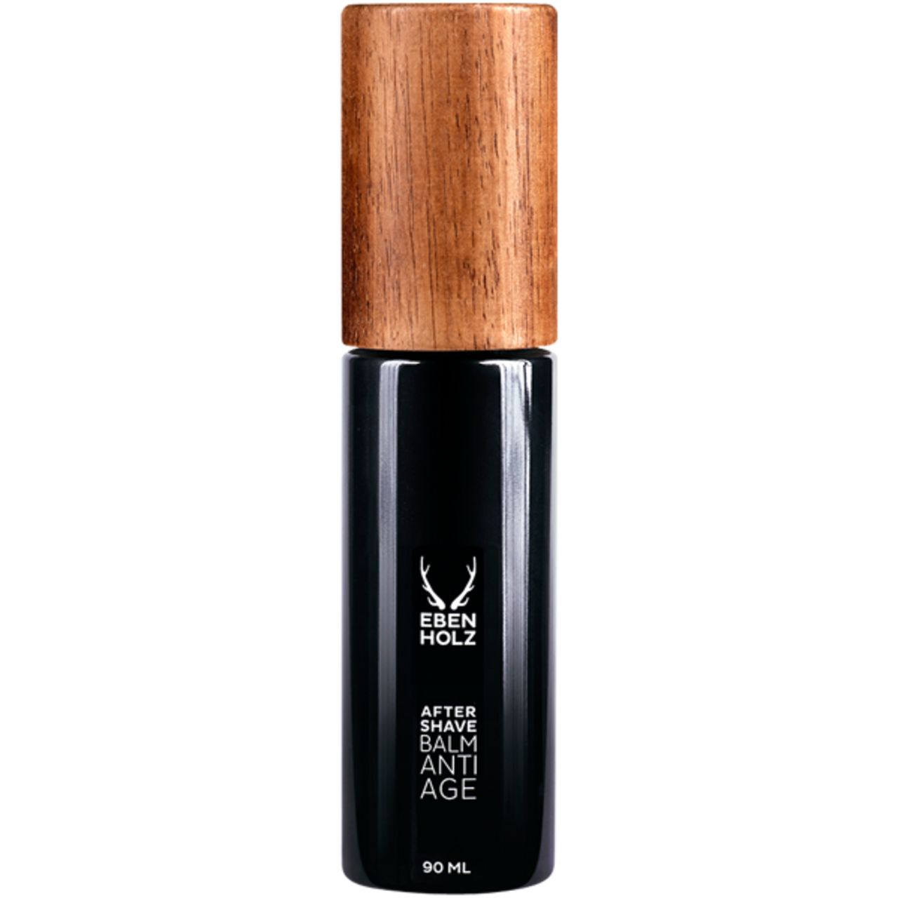 Schwarze Flasche mit Holzdeckel. Aufschrift: Ebenholz, After Shave Balm Anti Age. Unten: 90 ML.