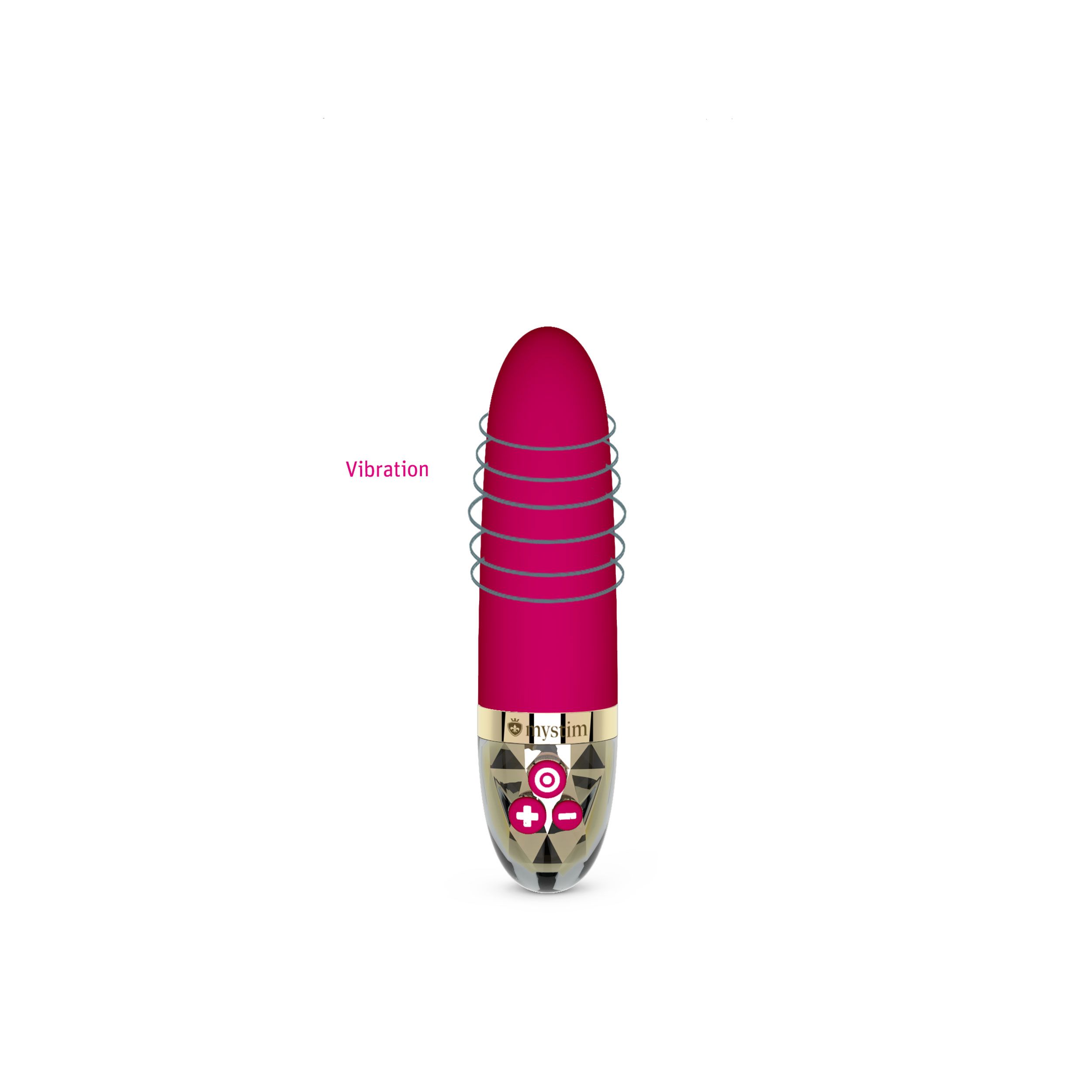 Fuchsiafarbener Vibrator mit goldfarbenen Akzenten. Zylindrische Form. Vibration-Grafik. Mystim Sleak Freak.