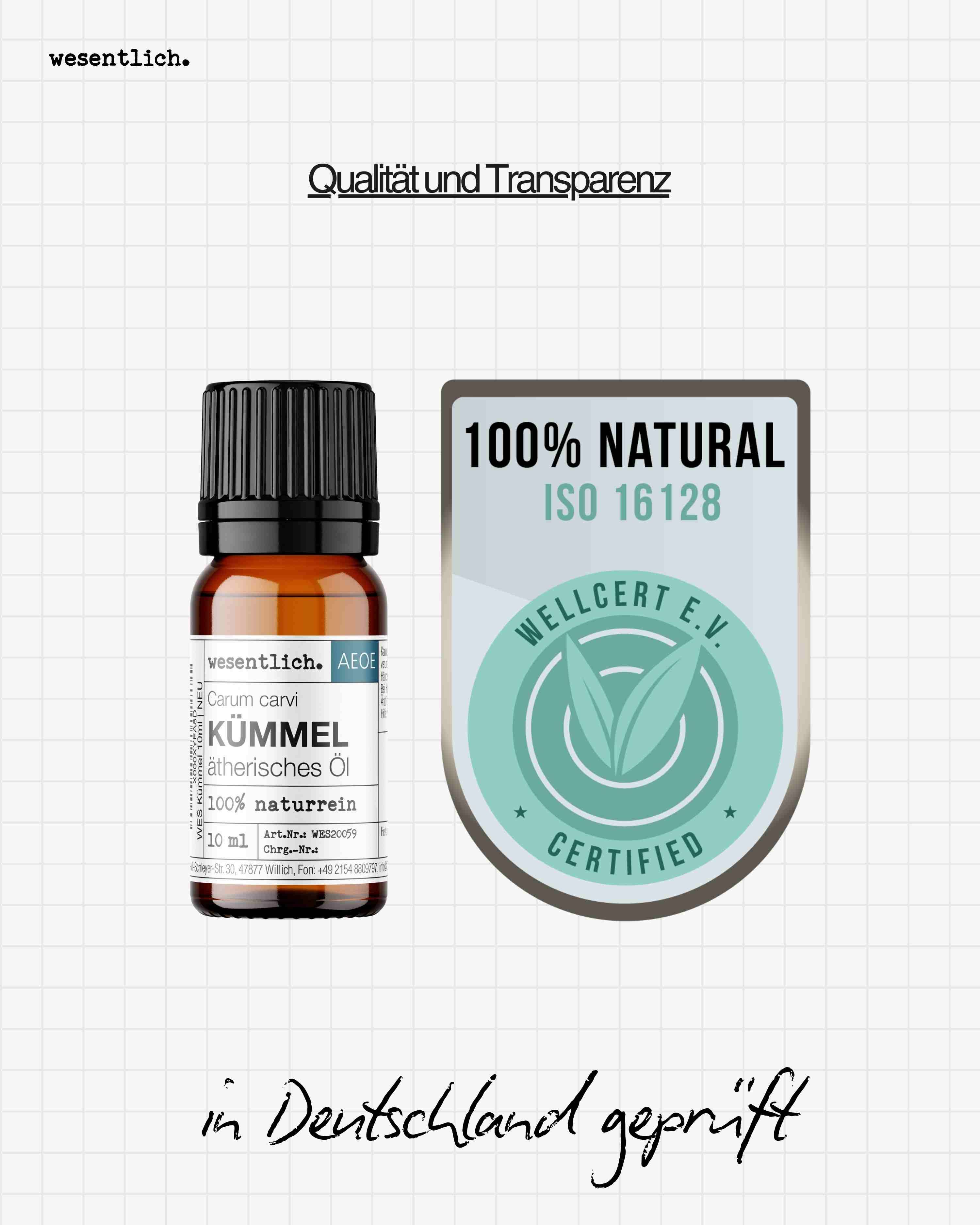 Flasche Kümmelöl neben einem Siegel '100% NATURAL ISO 16128 WELLCERT E.V. CERTIFIED'.