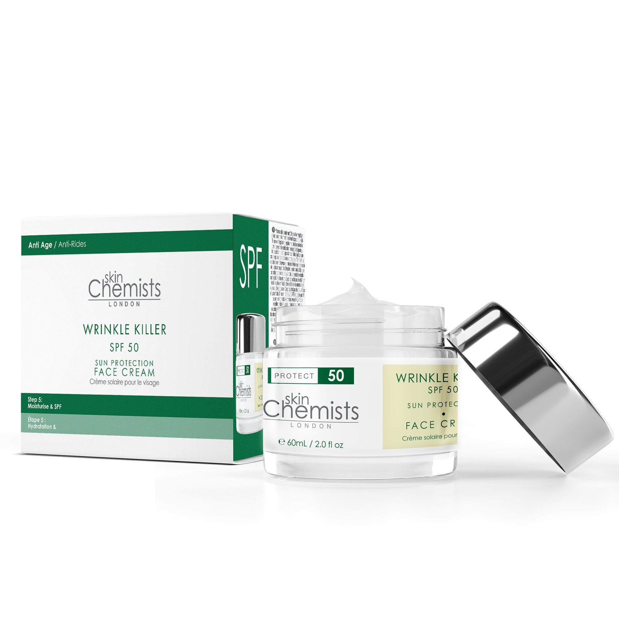Creme-Tiegel und Schachtel. Aufschrift: Skin Chemists, Wrinkle Killer SPF 50, Face Crème solaire pour. Grün-weiße Verpackung.
