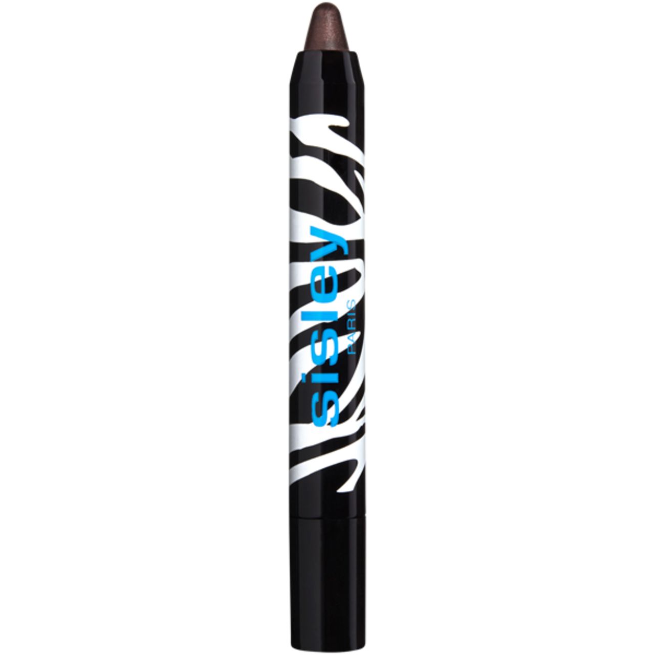 Sisley Phyto-Eye Twist Stift. Schwarzer Stift mit Zebra-Muster und blauer Schrift. Geöffnete Spitze mit brauner Farbe.