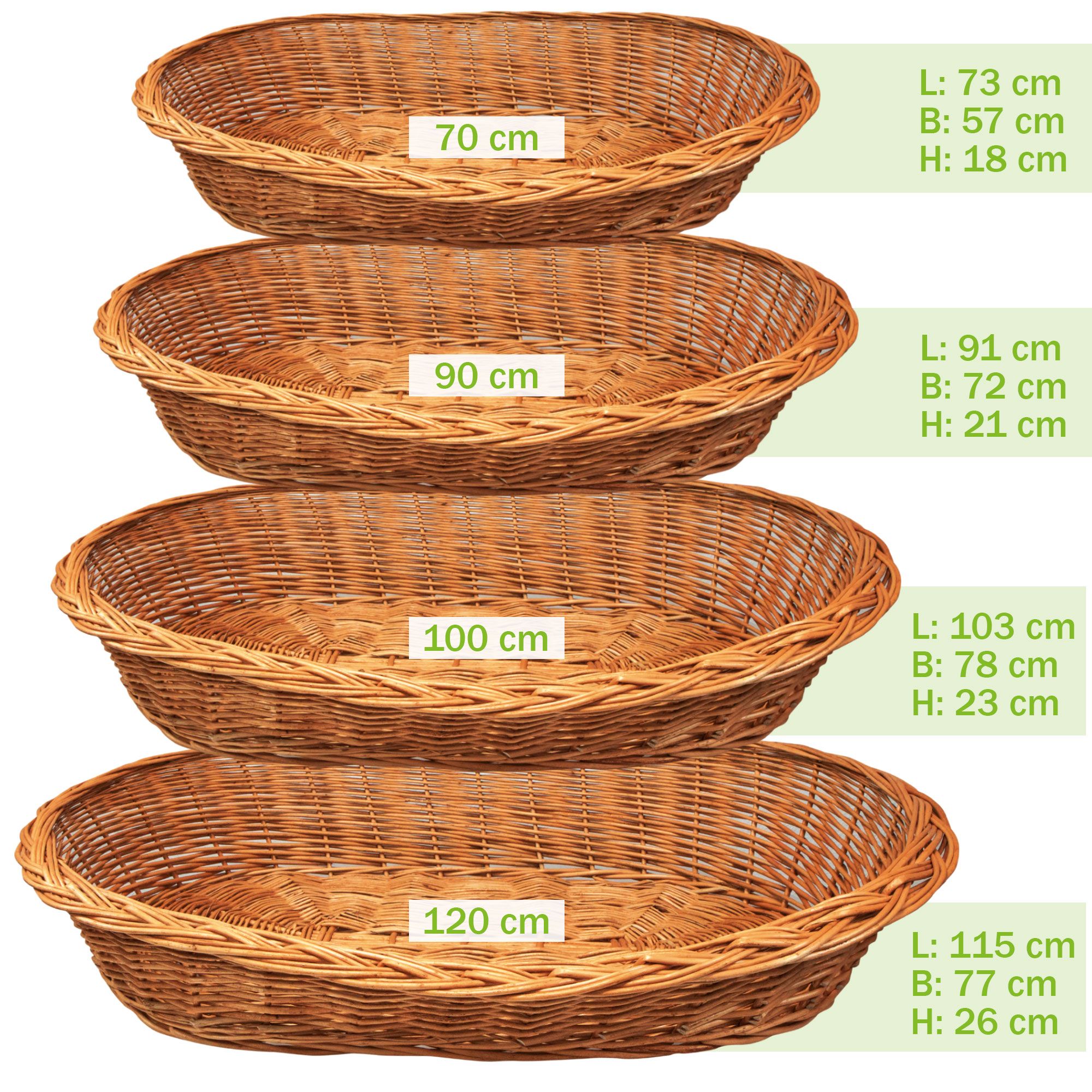 Vier ovale Weidenkörbe in verschiedenen Größen. Größenangaben: 70 cm, 90 cm, 100 cm, 120 cm.
