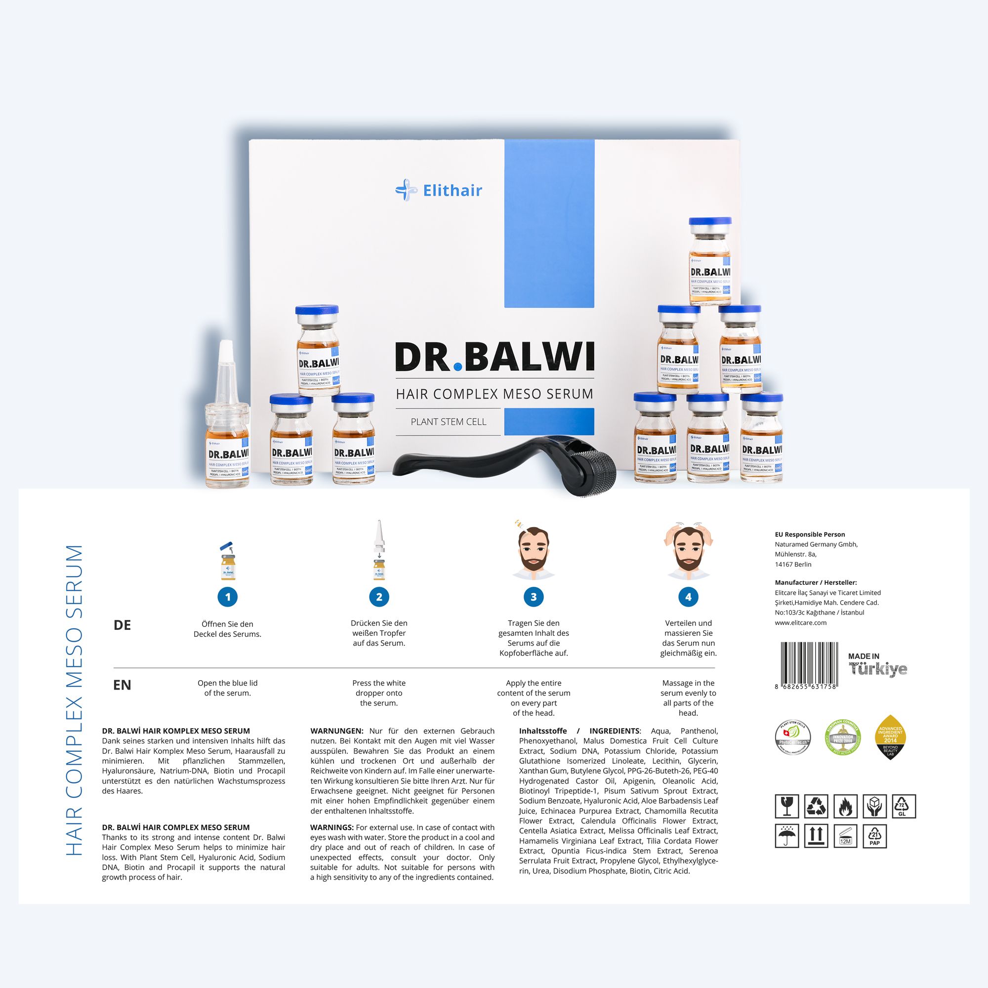 Produktset mit Serumfläschchen, Dermaroller und Verpackung mit Schriftzug DR. BALWI. Elithair Logo. Gebrauchsanweisung.