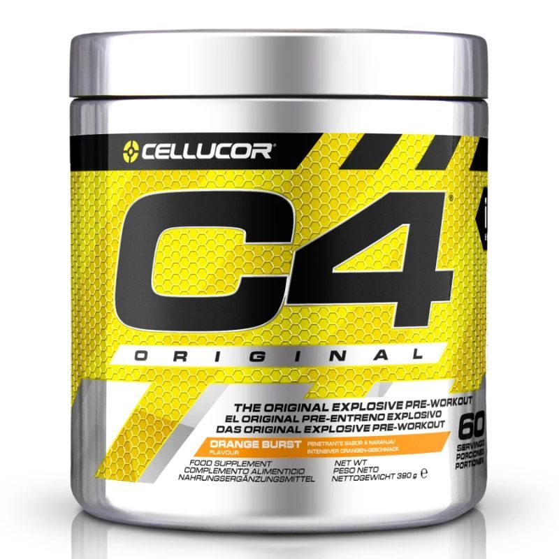 Metallbehälter mit gelbem Etikett. Aufschrift C4, Cellucor und Orange Burst. 60 Portionen.