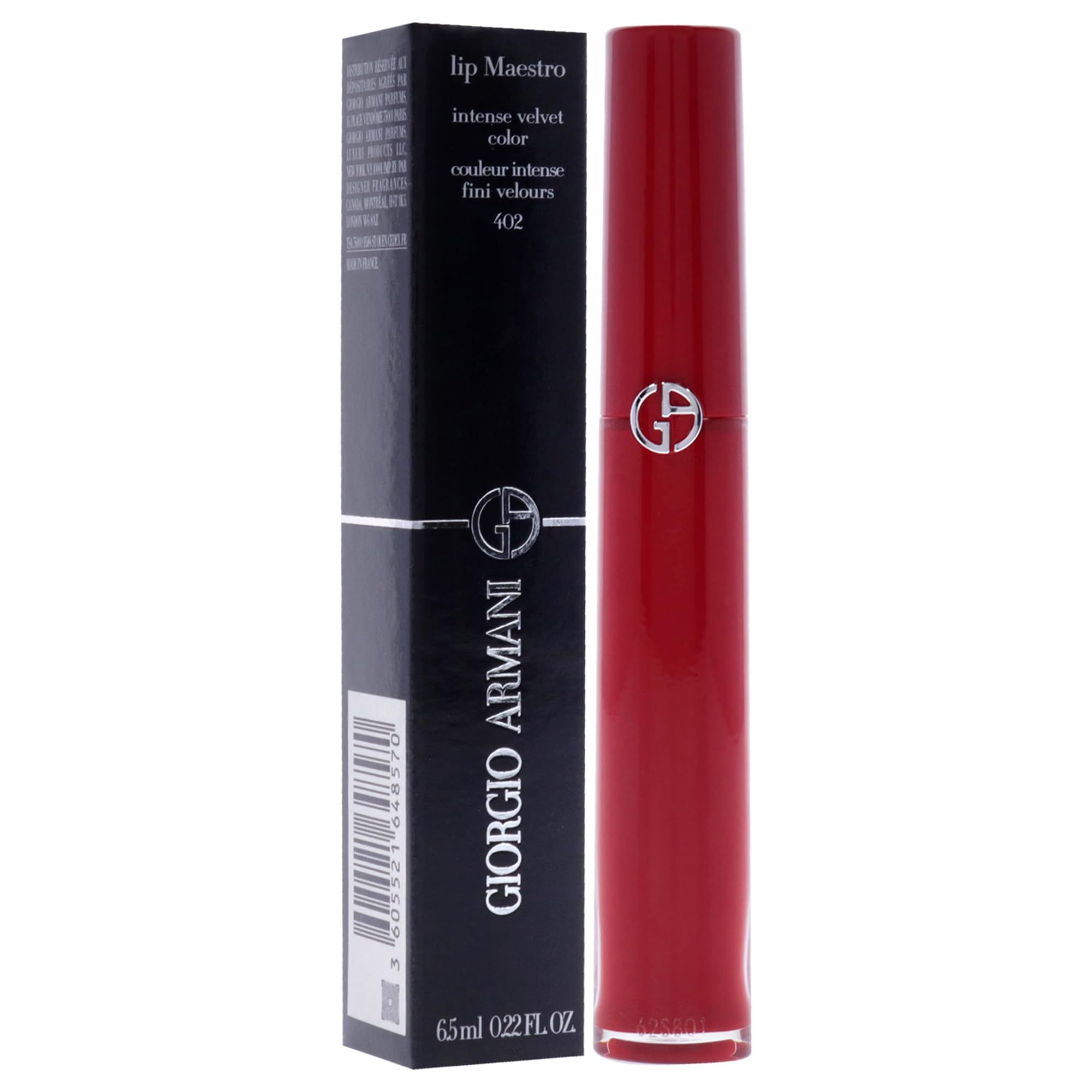 Roter Lippenstift und schwarze Verpackung. Auf der Verpackung steht "Giorgio Armani" und "lip maestro intense velvet color".