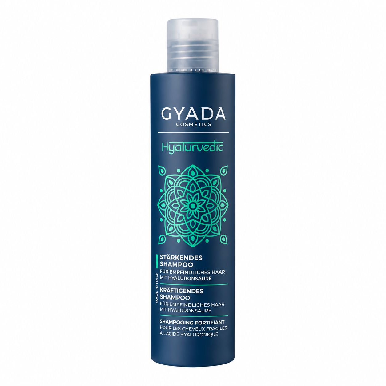 Dunkelblauer Flakon mit GYADA COSMETICS Hyalurvedic Stärkendes Shampoo.