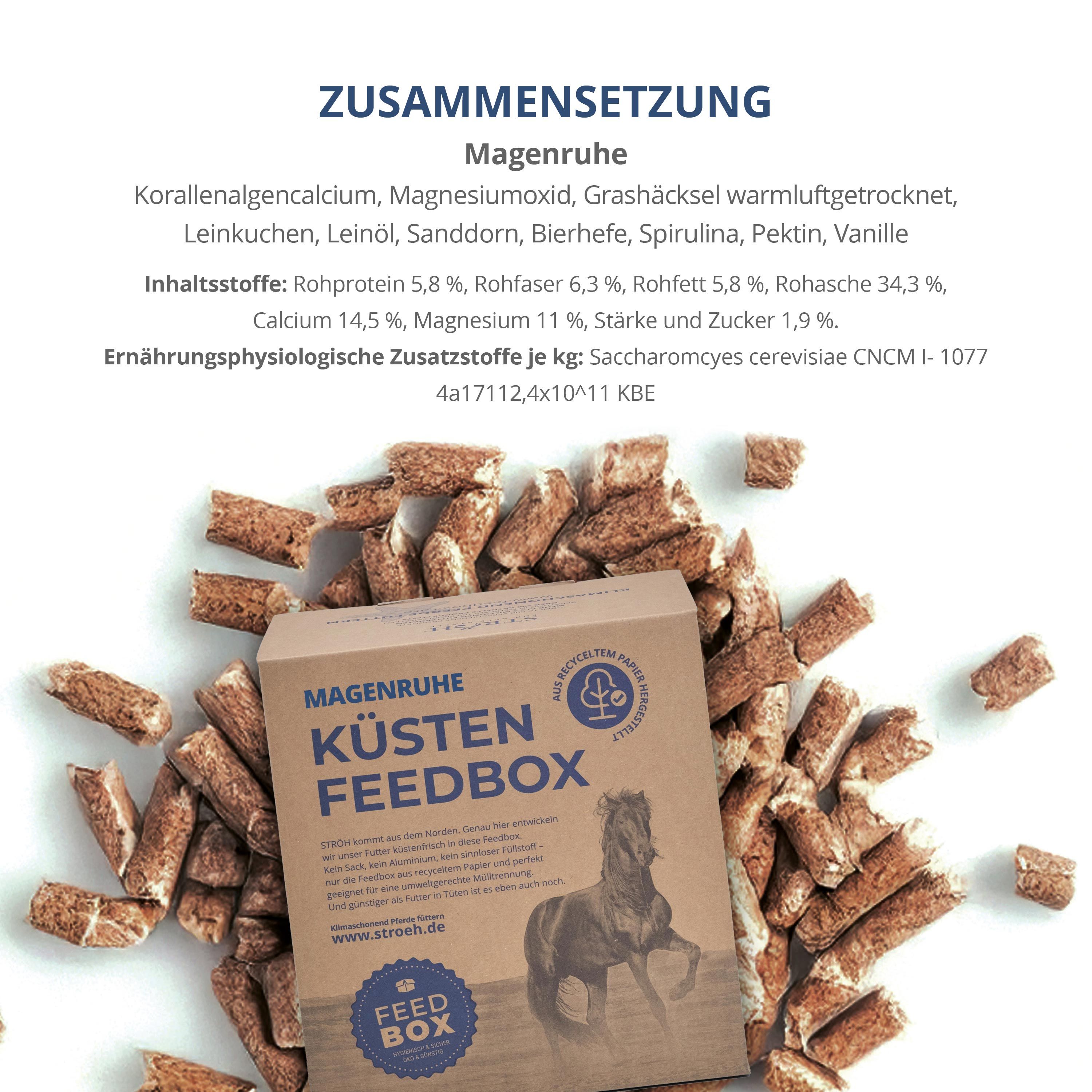 STRÖH Küsten Feedbox umgeben von vielen Futterpellets. Die Box zeigt ein Pferd und Produktinfos.