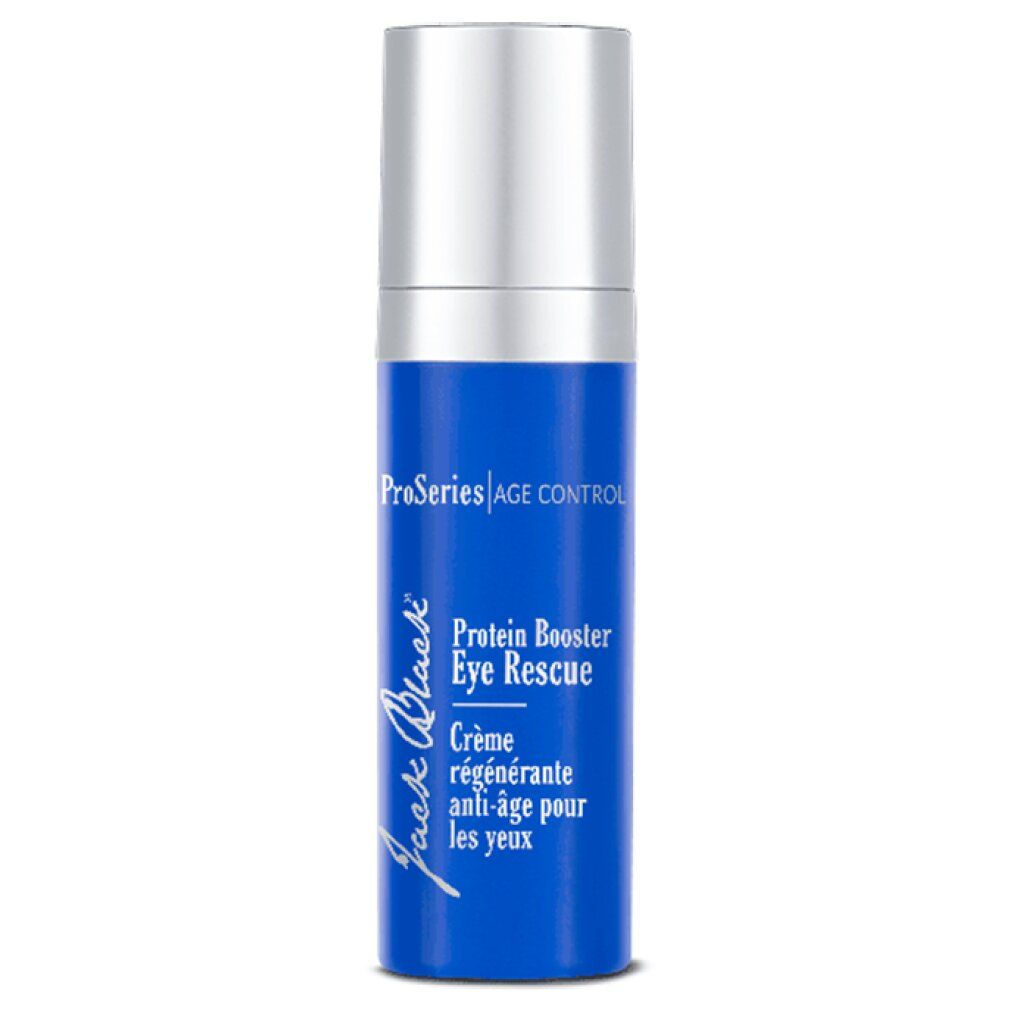 Blaue Flasche mit silbernem Deckel. Aufschrift: Protein Booster Eye Rescue. Marke: Jack Black. ProSeries Age Control.