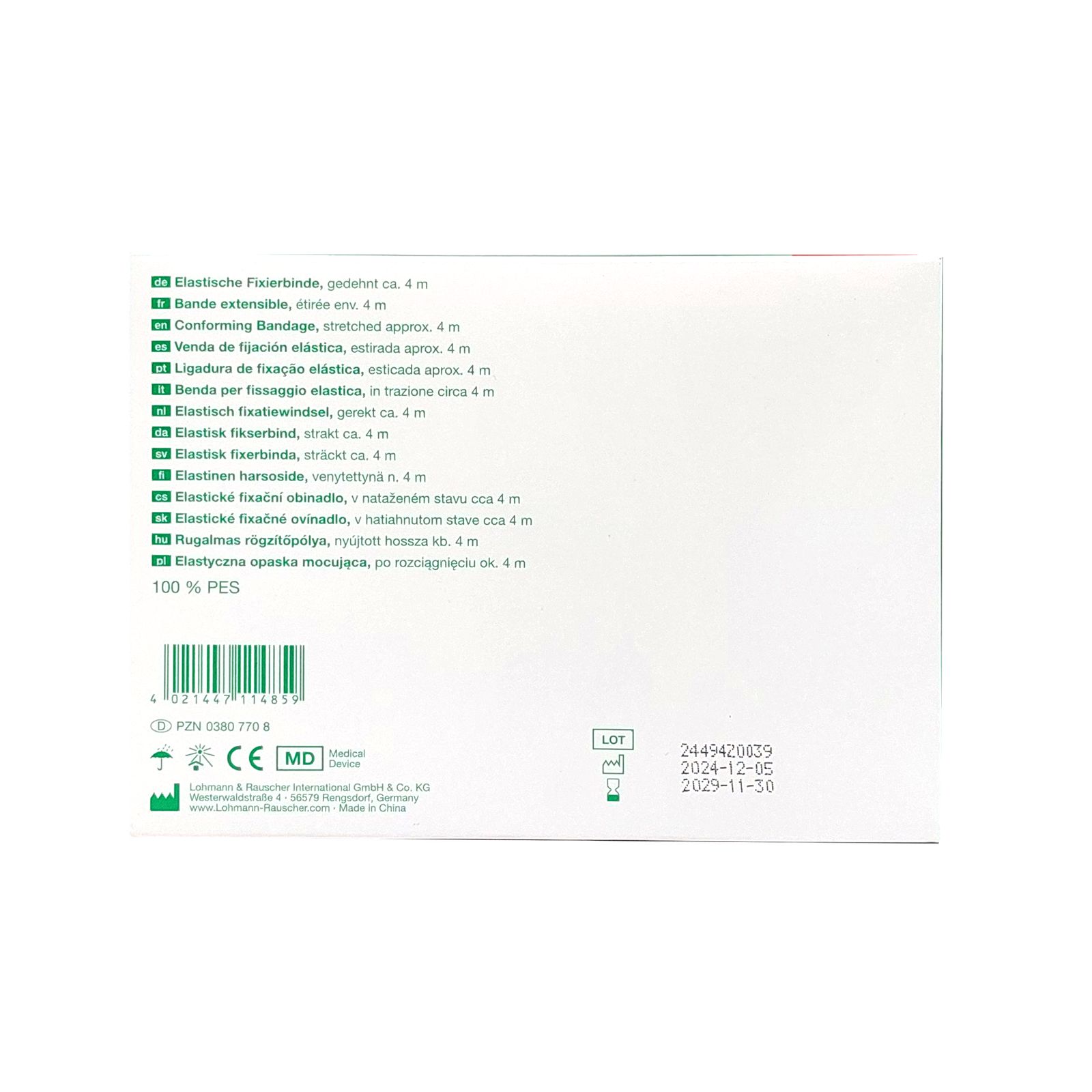 Rückseite der Verpackung mit Text in mehreren Sprachen. Barcode, CE-Kennzeichnung, Haltbarkeitsdatum.