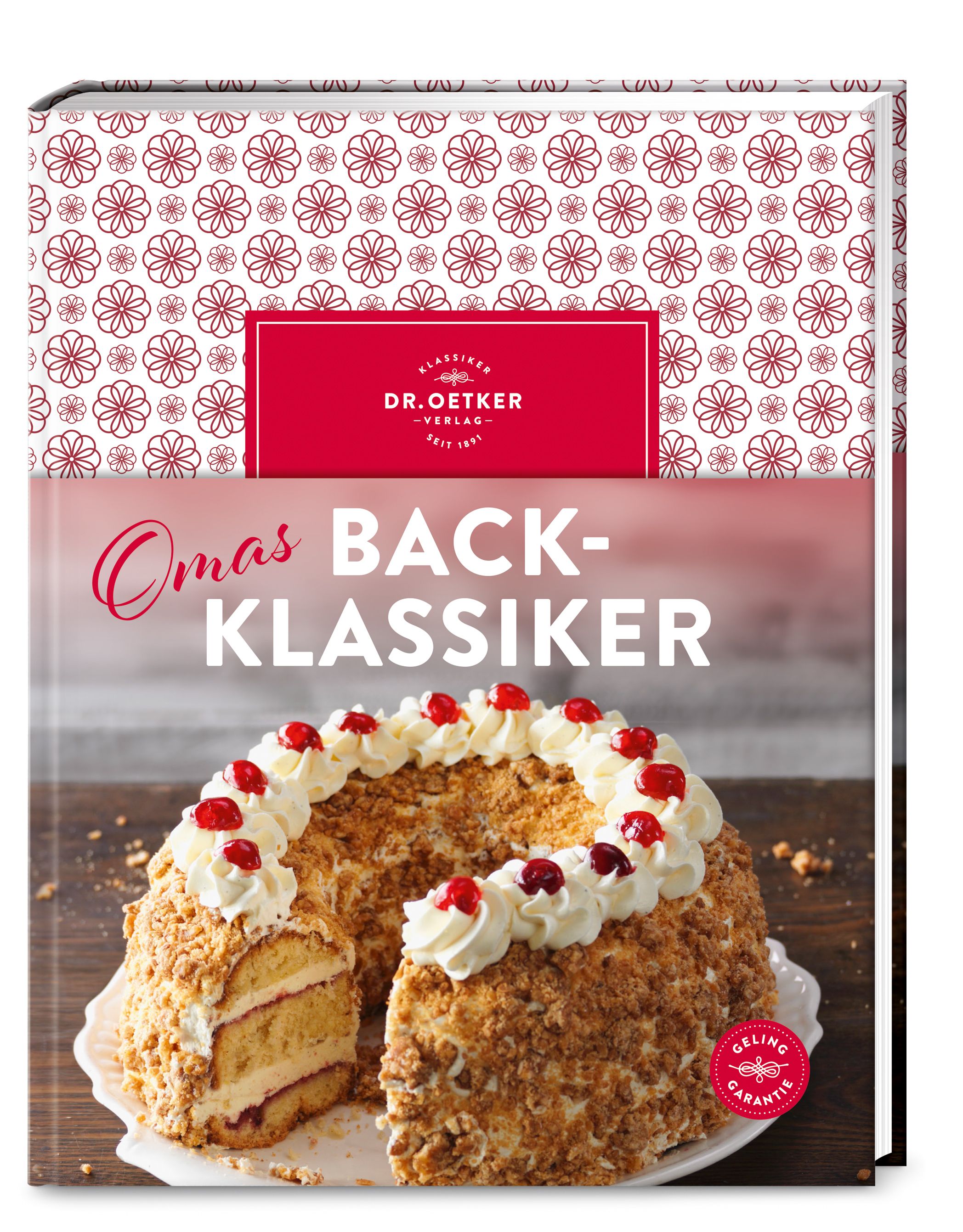 Buchcover mit Kuchen. Titel: Omas Backklassiker. Marke: Dr. Oetker. Kuchen mit Sahne und Kirschen. Hintergrund: Holzoptik.