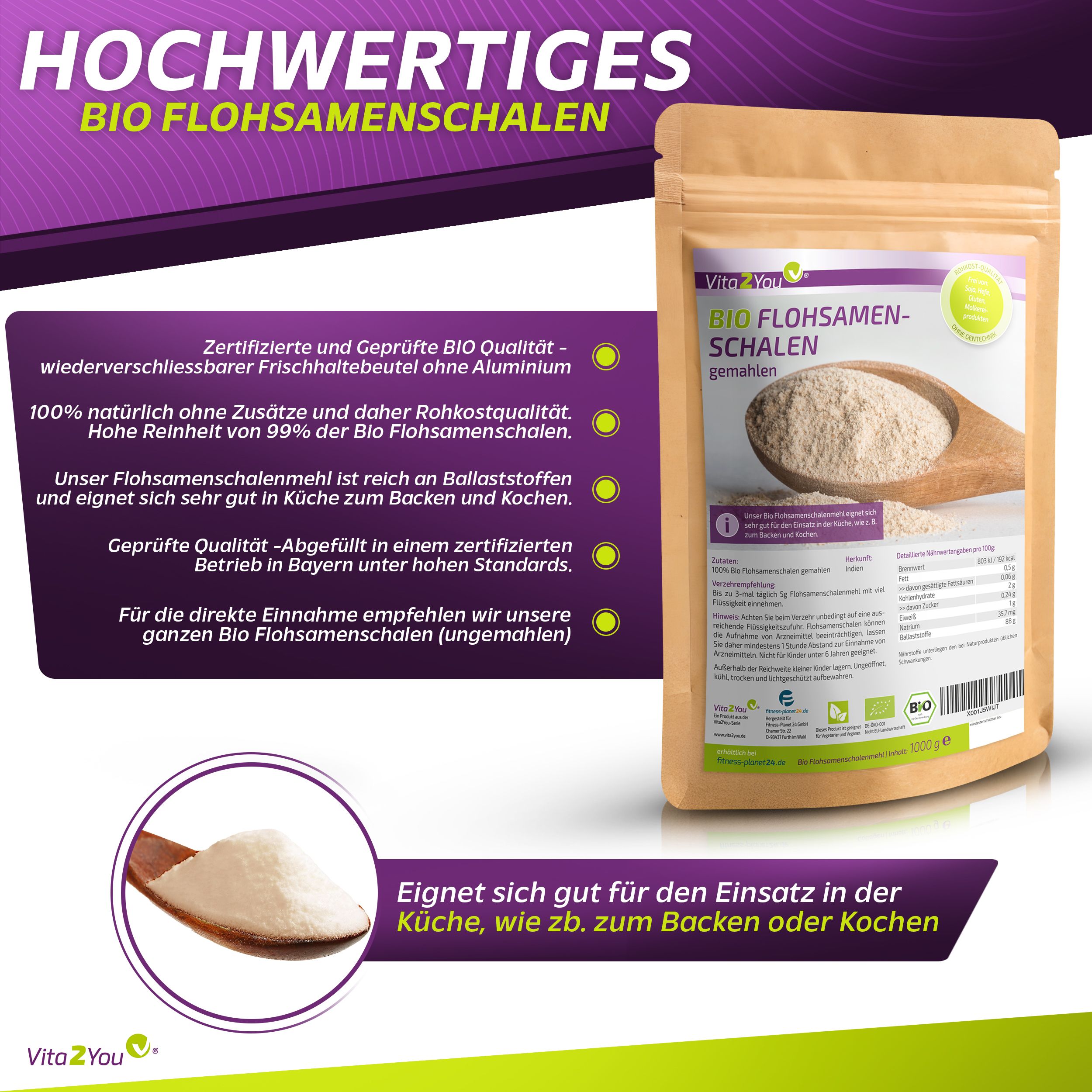 Vita2You Bio Flohsamenschalen gemahlen in Beutel. Produkt auf Holzlöffel. Text: 99% Reinheit, Bio-Qualität. Zusätzliche Informationen.