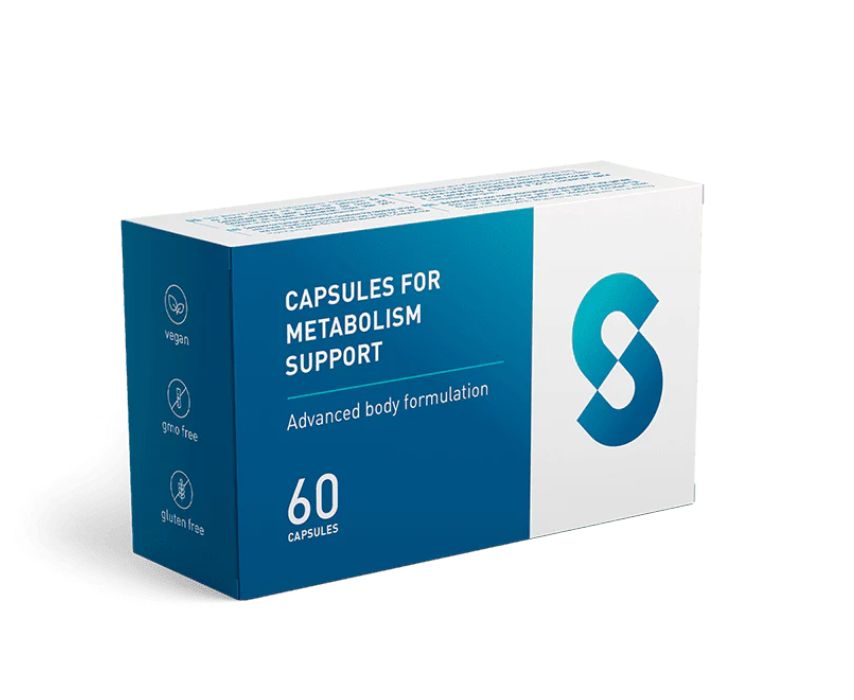 Blau-weiße Schachtel mit Aufschrift "CAPSULES FOR METABOLISM SUPPORT". Enthält 60 Kapseln. Vegan, glutenfrei.