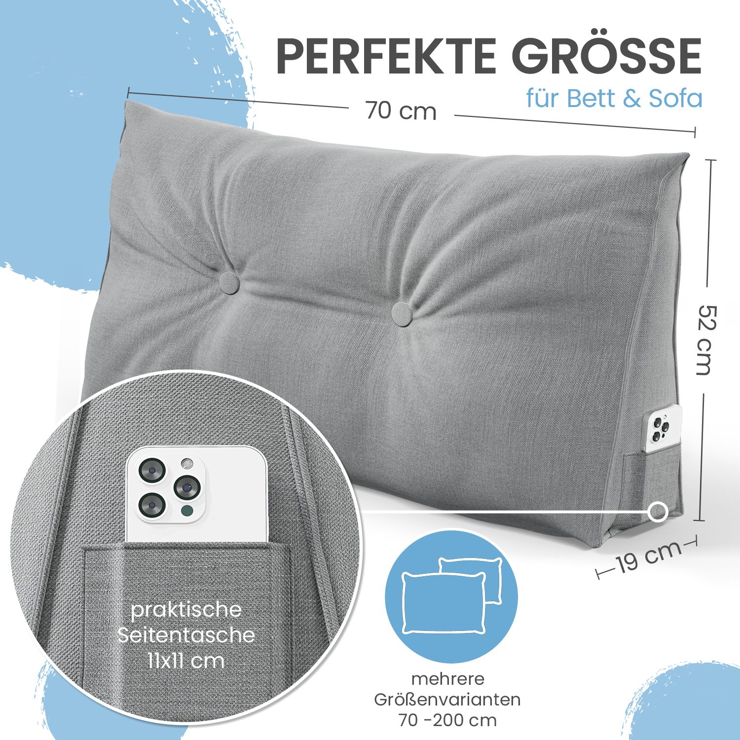 Graues Stützkissen mit Knopfdetails. Maße: 70x52x19 cm. Seitentasche. Text: PERFEKTE GRÖSSE für Bett & Sofa.