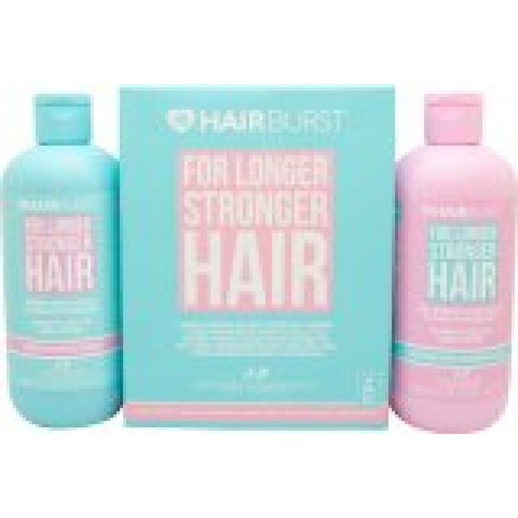 Shampoo und Conditioner mit Verpackung. Türkis und rosa, mit Aufschrift "FOR LONGER STRONGER HAIR".