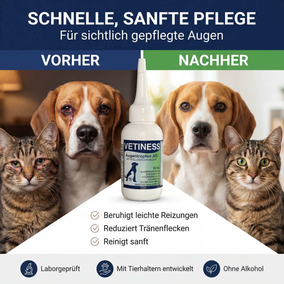 Augentropfen-Flasche zwischen Hunden und Katzen. Text: VORHER/NACHHER. Produktname und Logo sichtbar. Text: Beruhigt, reduziert Tränenflecken, reinigt.