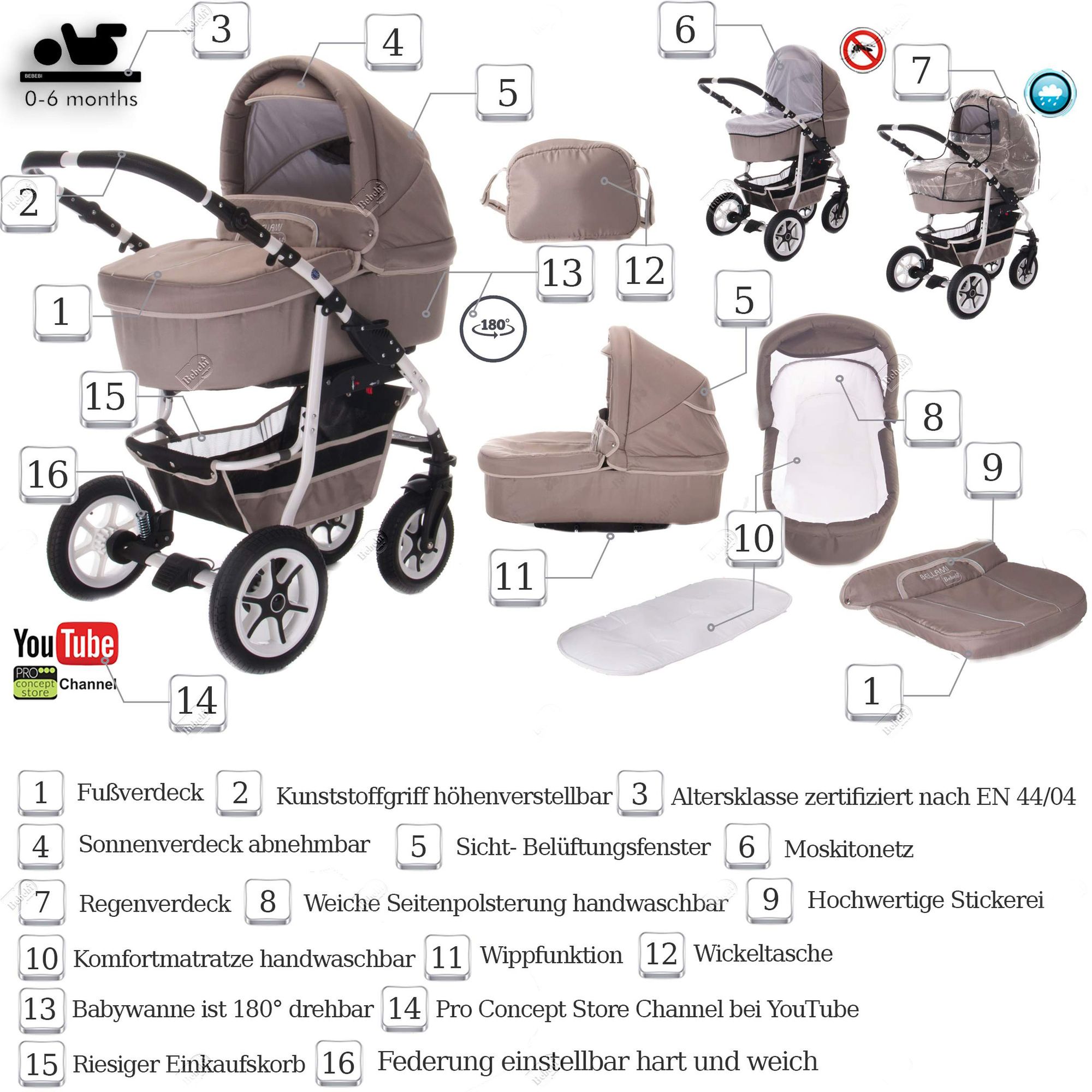 Bebebi Bellami 2 in 1 Kombikinderwagen Hartgummireifen, Bellataupe