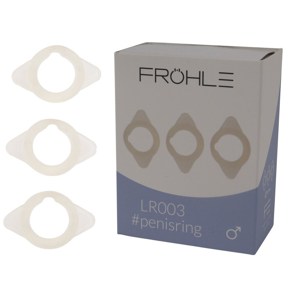 Drei weiße Penisringe aus flexiblem Material, daneben eine Verpackung mit drei Ringen und dem Text "#penisring".