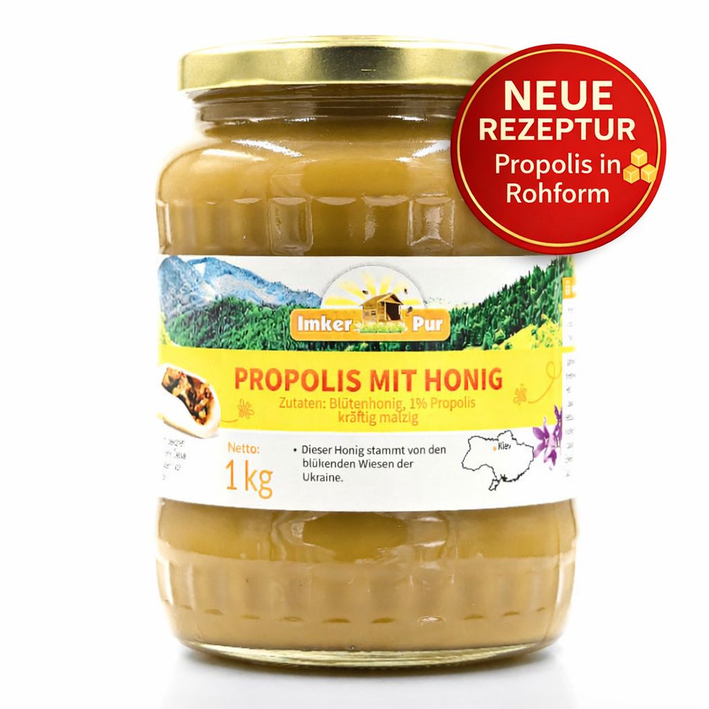 Glas mit Honig und Propolis, Etikett mit Produktinformationen und rotem Aufkleber. 1 kg. Auf weißem Hintergrund.