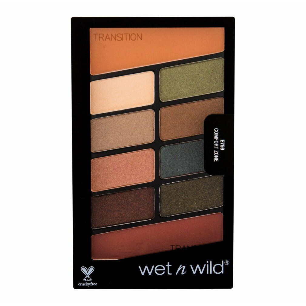 Palette mit 10 Lidschattenfarben. Schwarze Verpackung mit Produktnamen und Cruelty-Free-Logo. Brauntöne, Grün und Beige.