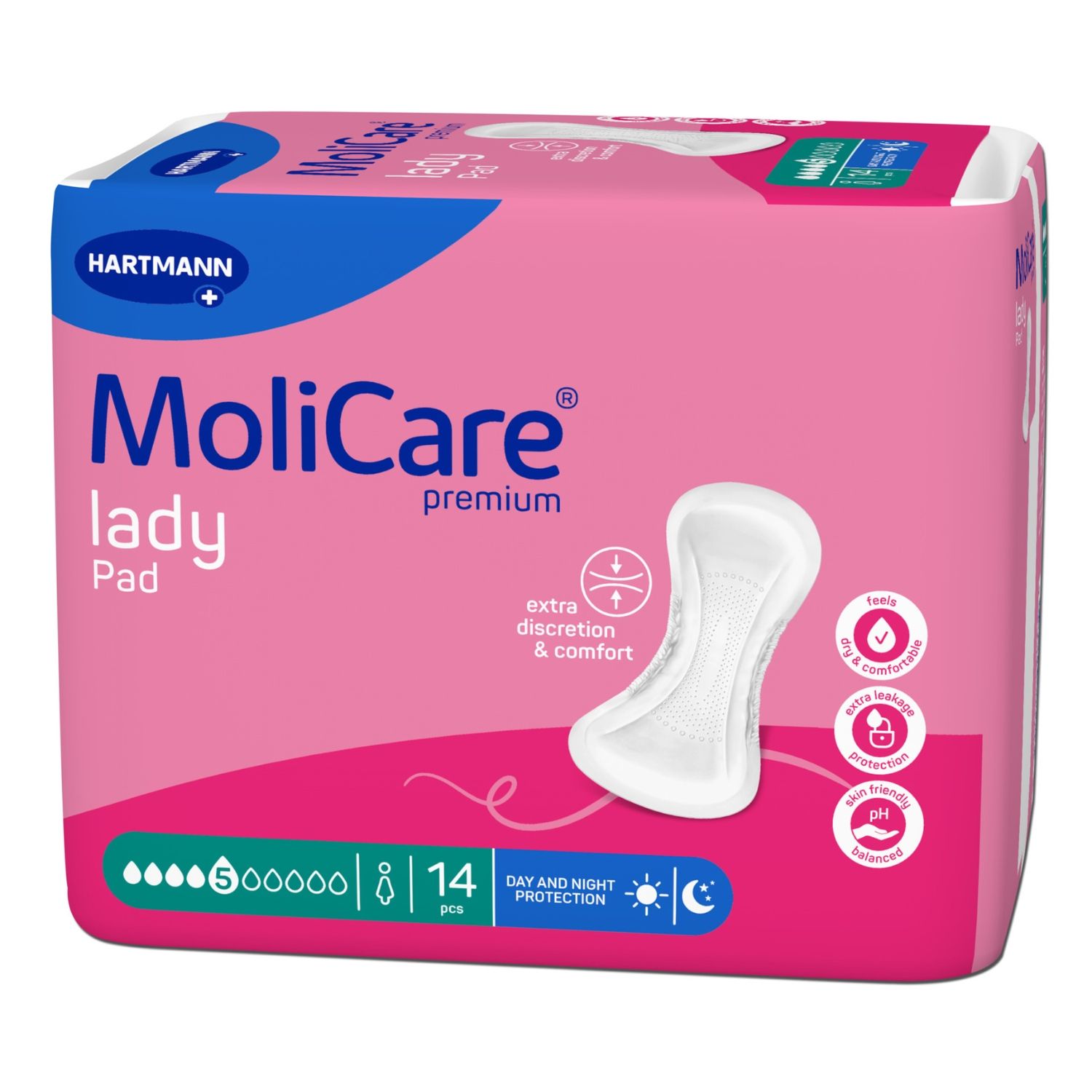Rosa Verpackung von MoliCare Lady Pad. Enthält 14 Stück. Mit Logo, Produktbezeichnung und Eigenschaften.