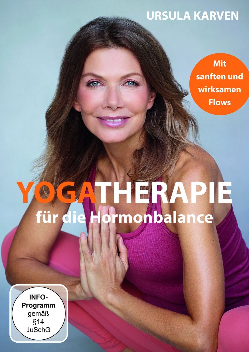 Buchcover mit Ursula Karven. Titel: Yogatherapie für die Hormonbalance. Frau in Yoga-Pose, orangefarbener Text.