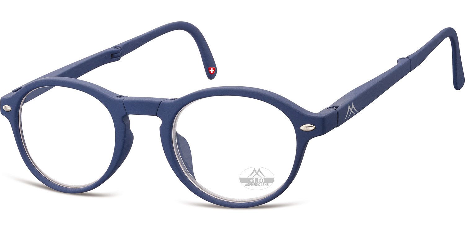 Blaue, runde Lesebrille, zusammengeklappt. Bügel mit Schweizer Kreuz. Montana Eyewear Logo.