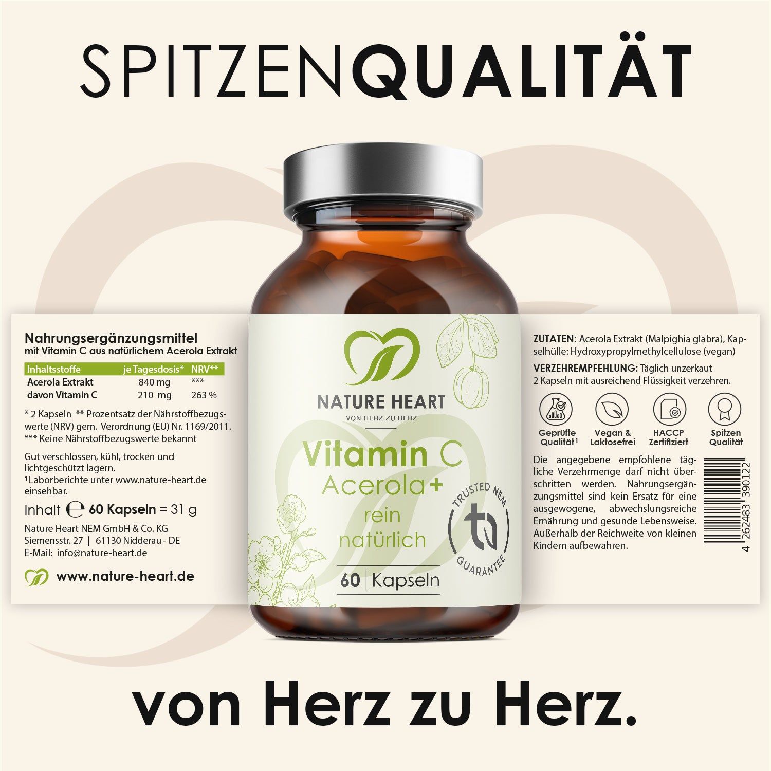 Nature Heart Vitamin C Acerola+ Kapseln, 60 Stück. Nährwertangaben und Inhaltsstoffe auf dem Etikett.