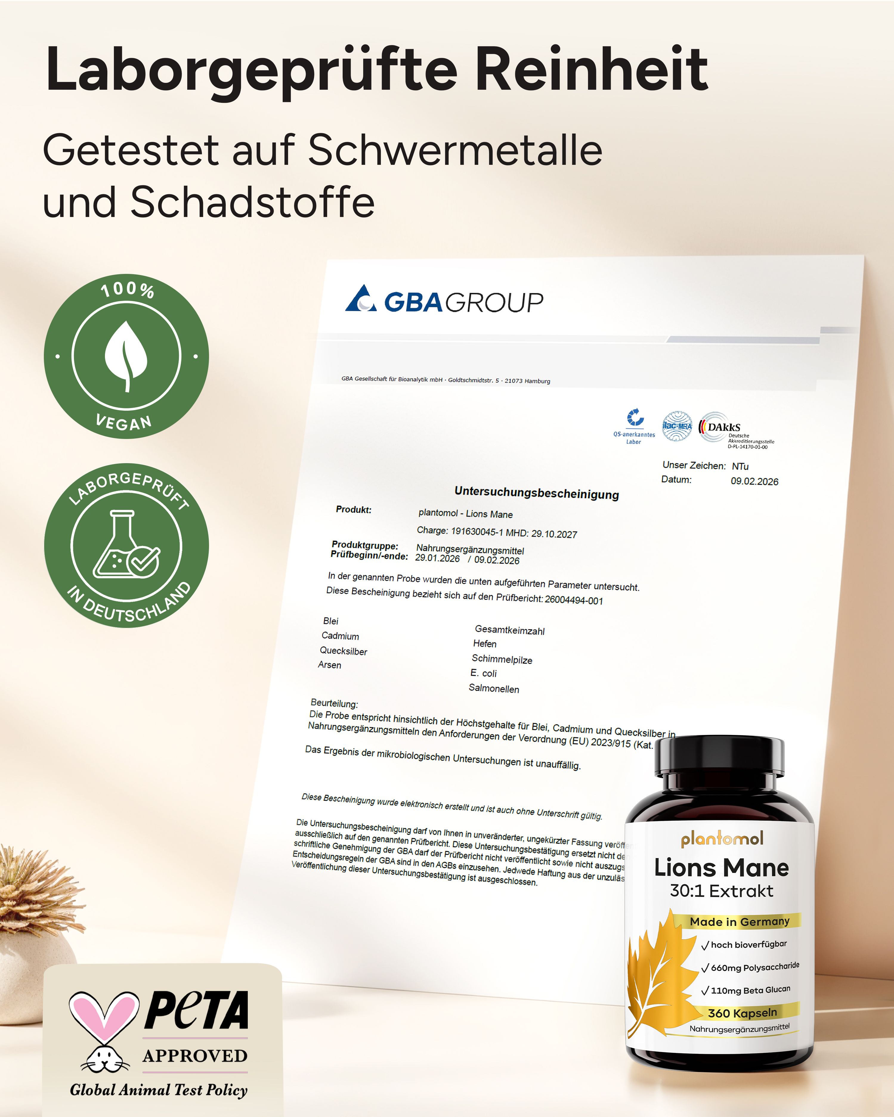 Zertifizierungsdokumente und Flasche plantomol Lions Mane 30:1 Extrakt. Text: Laborgeprüfte Reinheit, vegan, PETA approved.