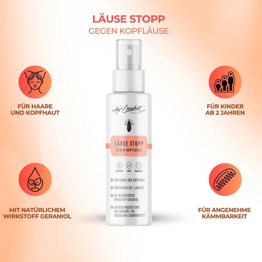 Produktflasche mit Text: Läuse Stopp gegen Kopfläuse. Marke: Air Creative. Illustrationen: Haare, Kind, Geraniol, Kamm.
