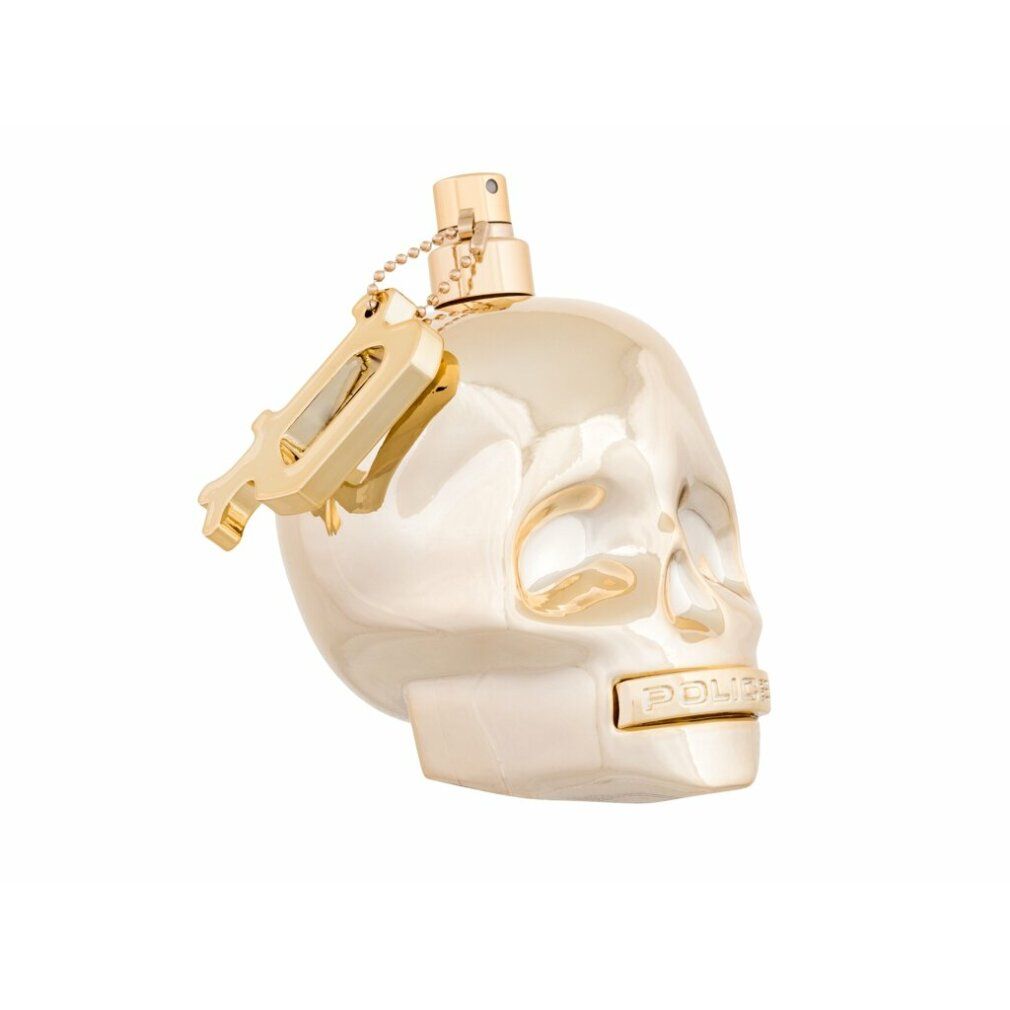 Goldener Totenkopf-Parfümflakon mit Anhänger. "Police" Schriftzug am Kinn.