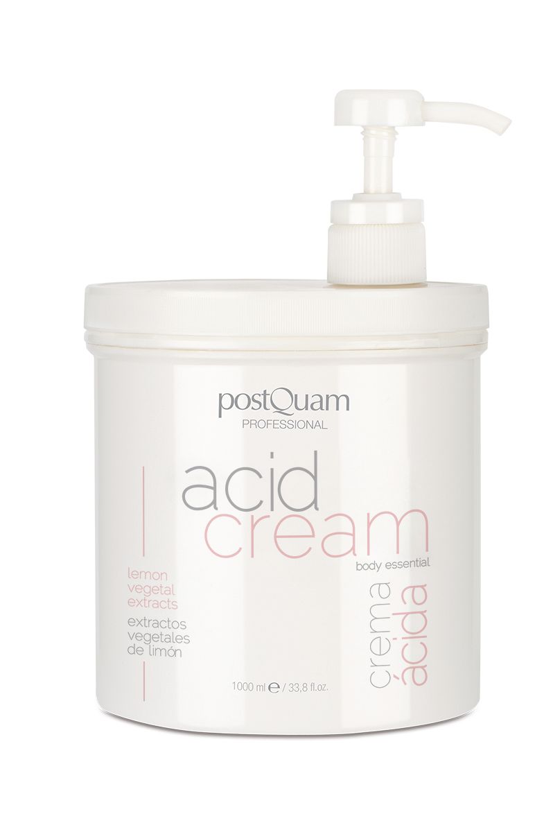 Weißer Behälter mit Pumpe. Aufschrift: "acid cream". Zusätzliche Texte: "lemon vegetal extracts", "extractos vegetales de limón".