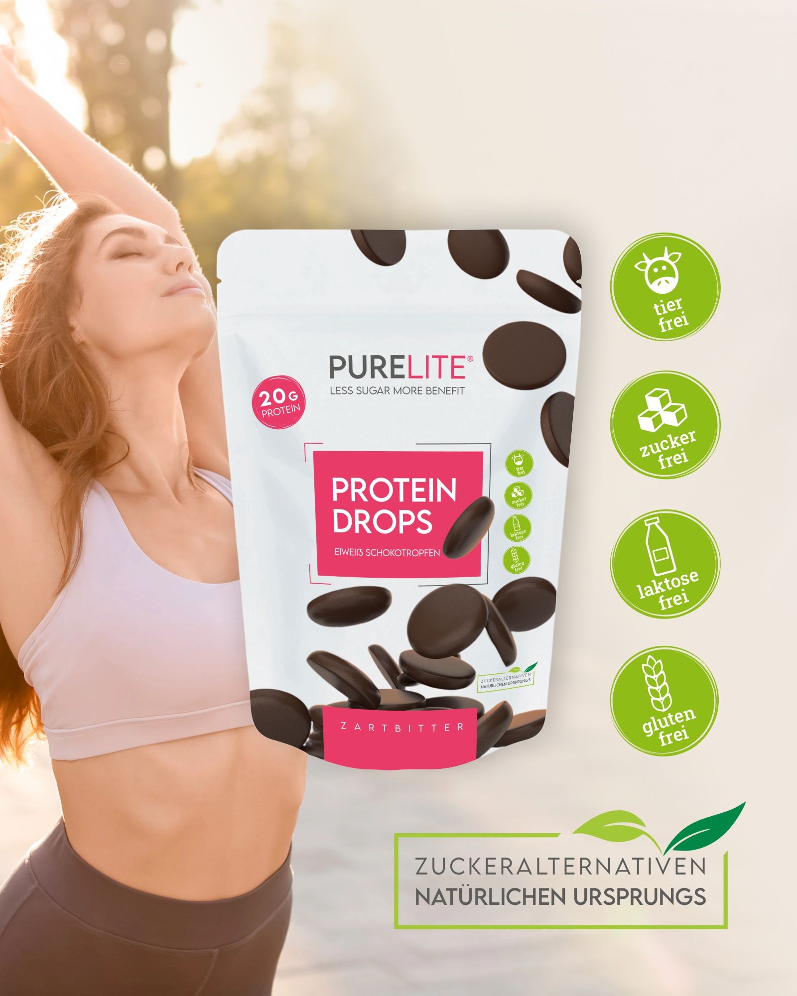 Frau mit Sport-BH neben PURELITE Protein Drops Zartbitter. Aufdruck: 20g Protein, Protein Drops, Zartbitter. Symbole: tierfrei, zuckerfrei, laktosefrei, glutenfrei.